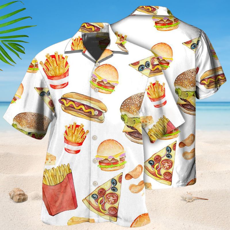Fast Food White Hawaiian Shirt For Tropical Holidays, Outdoor Gatherings, And Everyday Comfort