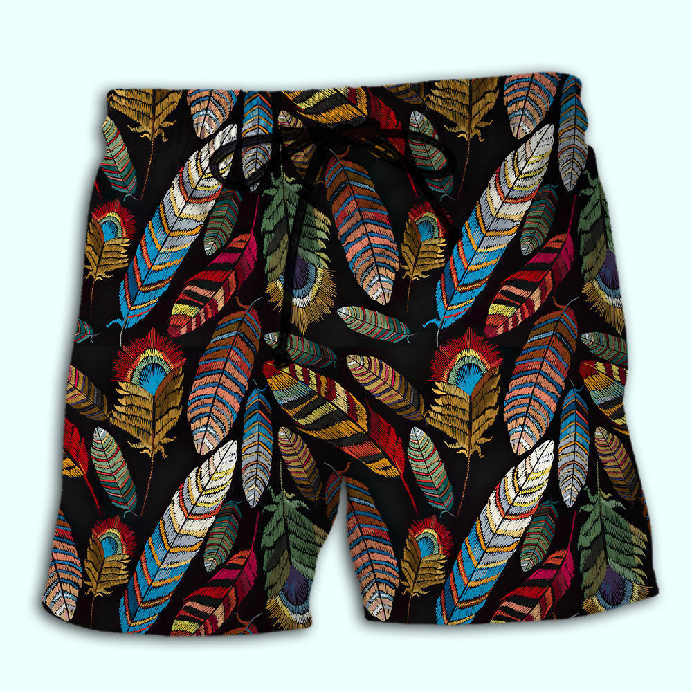 Colorful Native Feather Artistic Beach Shorts Artwork Detail For Tropical Travel And Everyday Wear