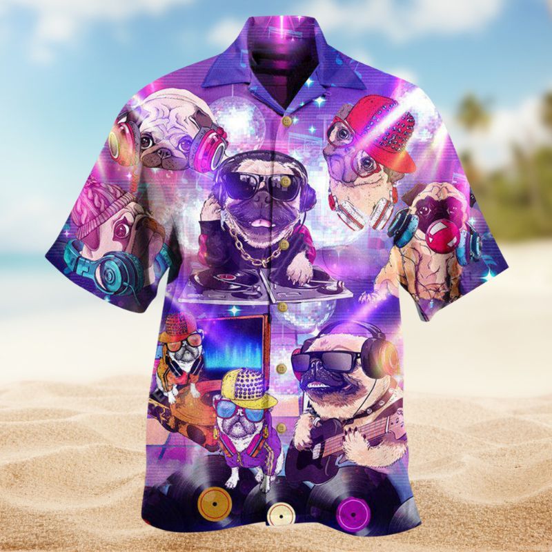 Dog Feeling Music With Pugs Hawaiian Shirt For Beach Holidays Music Events And Relaxed Resort Style