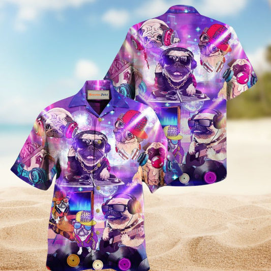Dog Feeling Music With Pugs Hawaiian Shirt For Beach Holidays Music Events And Relaxed Resort Style