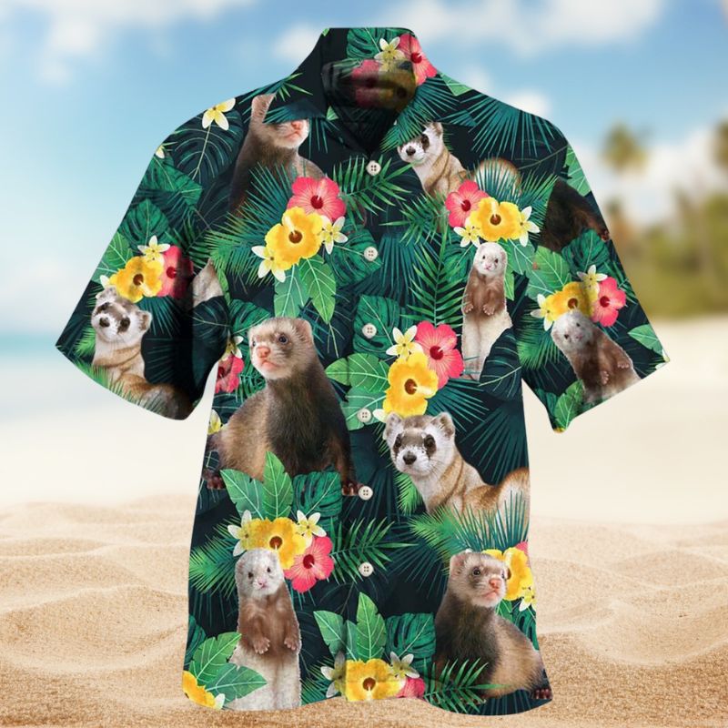 Tropical Summer Ferrets Hawaiian Shirt For Summer Vacation, Beach Travel, And Casual Wear