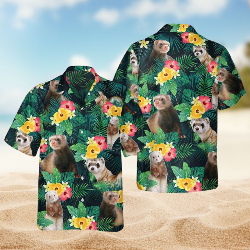 Tropical Summer Ferrets Hawaiian Shirt For Summer Vacation, Beach Travel, And Casual Wear