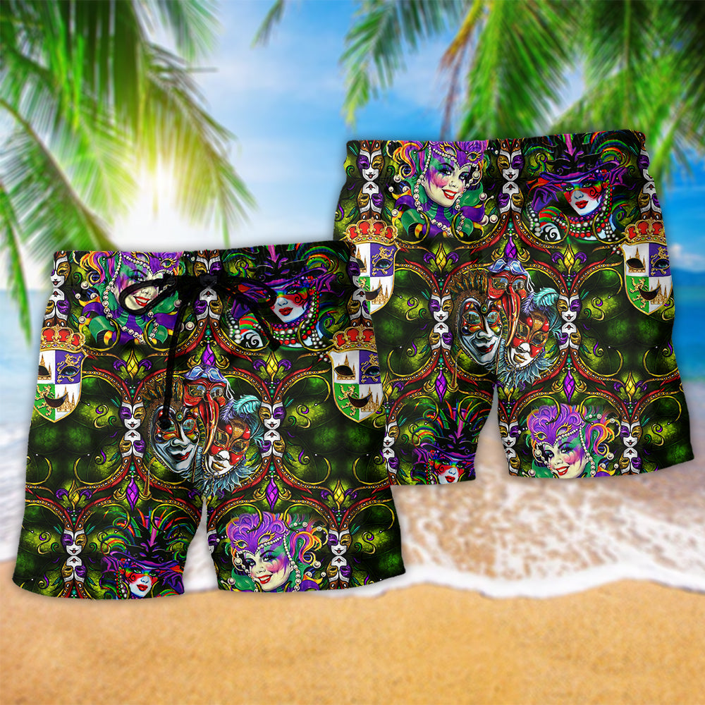 Festival Happy Mardi Gras Hawaiian Print Beach Shorts For Summer Vacation And Coastal Travel