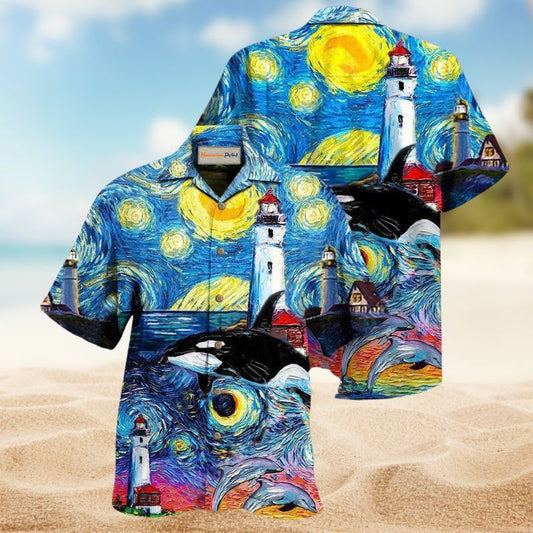 Lighthouse Under A Dreamy Starry Sky Hawaiian Shirt For Summer Vacation Beach Travel And Relaxed Casual Wear