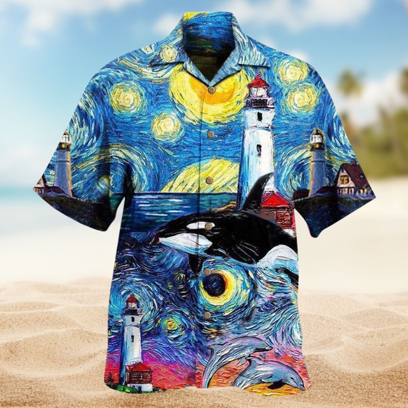 Lighthouse Under A Dreamy Starry Sky Hawaiian Shirt For Summer Vacation Beach Travel And Relaxed Casual Wear