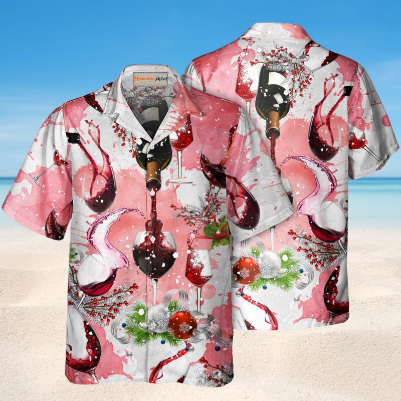 Fine Wine Christmas Hawaiian Shirt For Winter Celebrations, Beach Travel, And Relaxed Holiday Wear