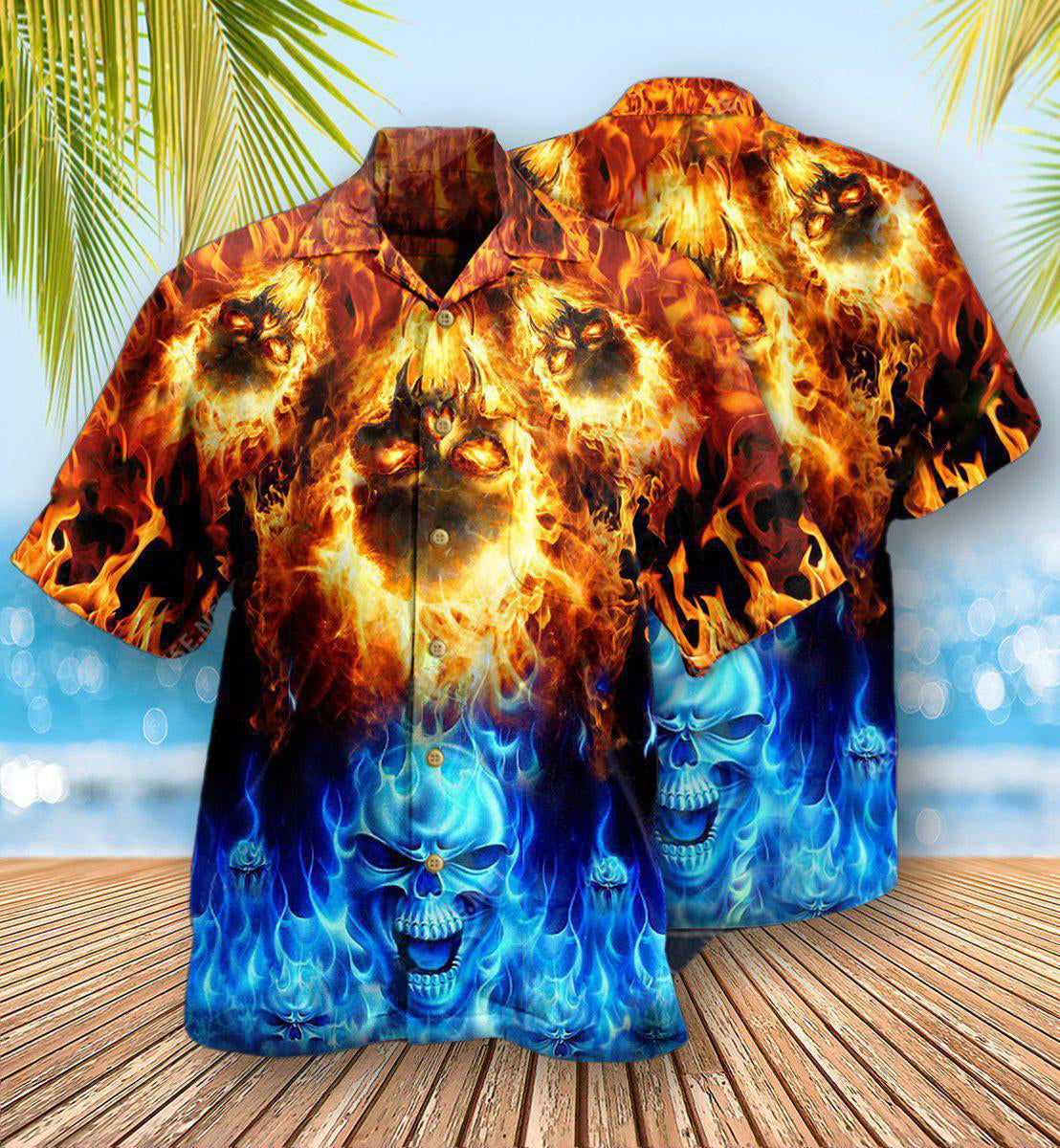 Flame Skull Hawaiian Shirt With All Over Print For Vacation Parties Beach Outings And Relaxed Daily Wear
