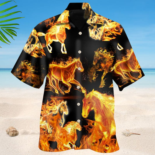 Fire Horse Black Hawaiian Shirt For Resort Trips, Coastal Parties, And Warm Weather Style