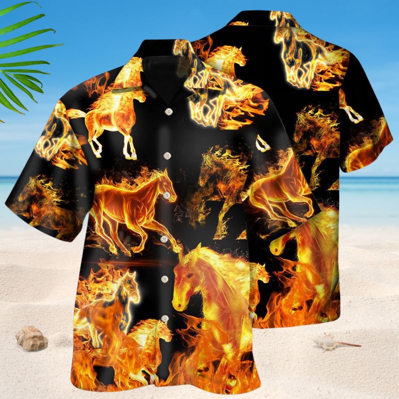 Fire Horse Black Hawaiian Shirt For Resort Trips, Coastal Parties, And Warm Weather Style
