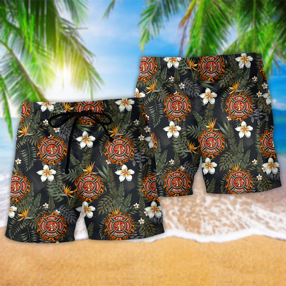 Firefighter Lover Flower Hawaiian Print Beach Shorts For Professional Pride And Travel