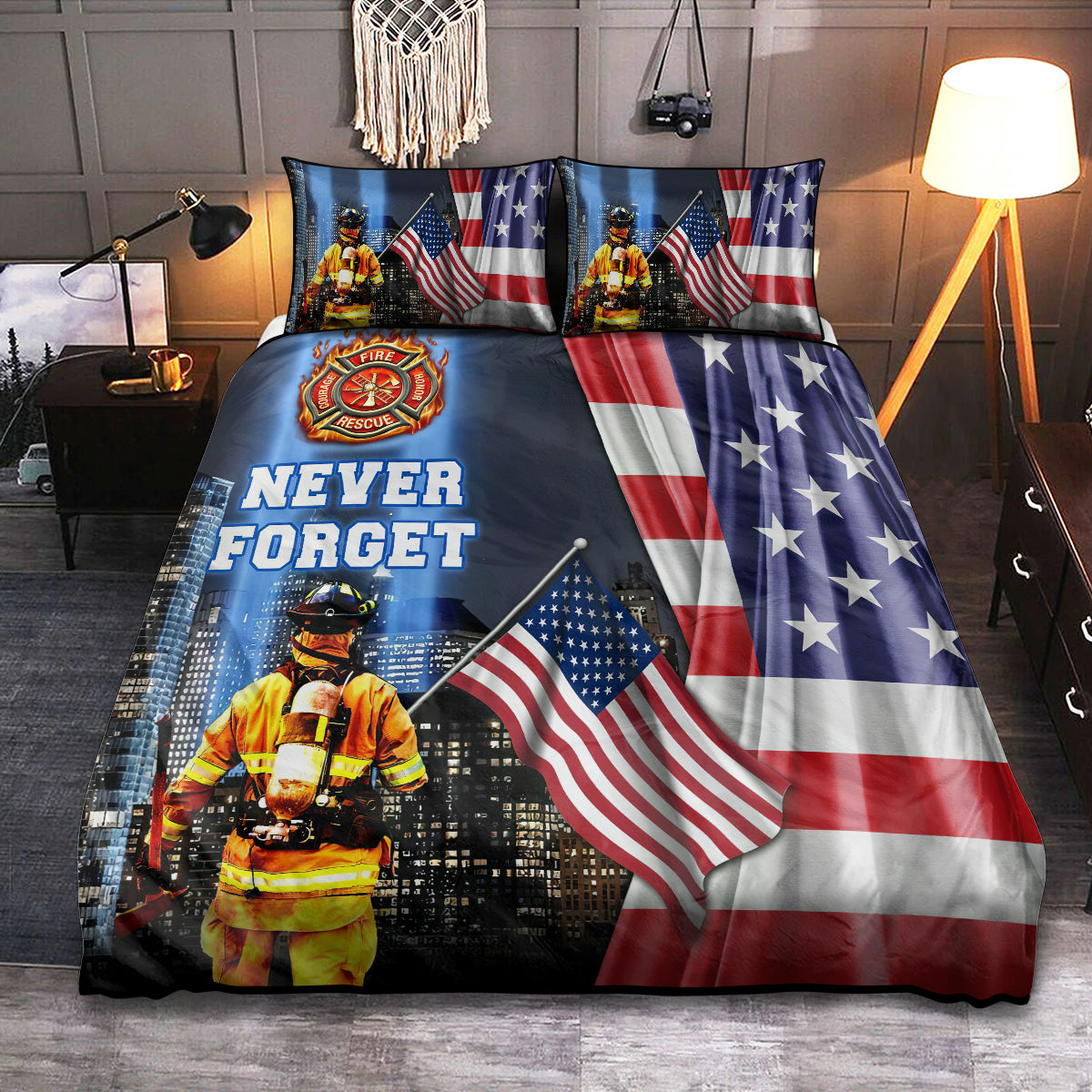 Firefighter Never Forget America Bedding Cover For Firefighter Bedroom Decor