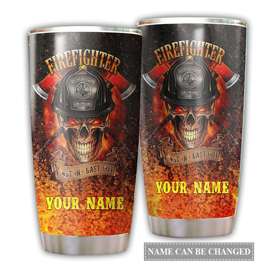 Firefighter Skull On Fire Personalized 20 Oz Tumbler For Coffee Travel And Daily Drinks