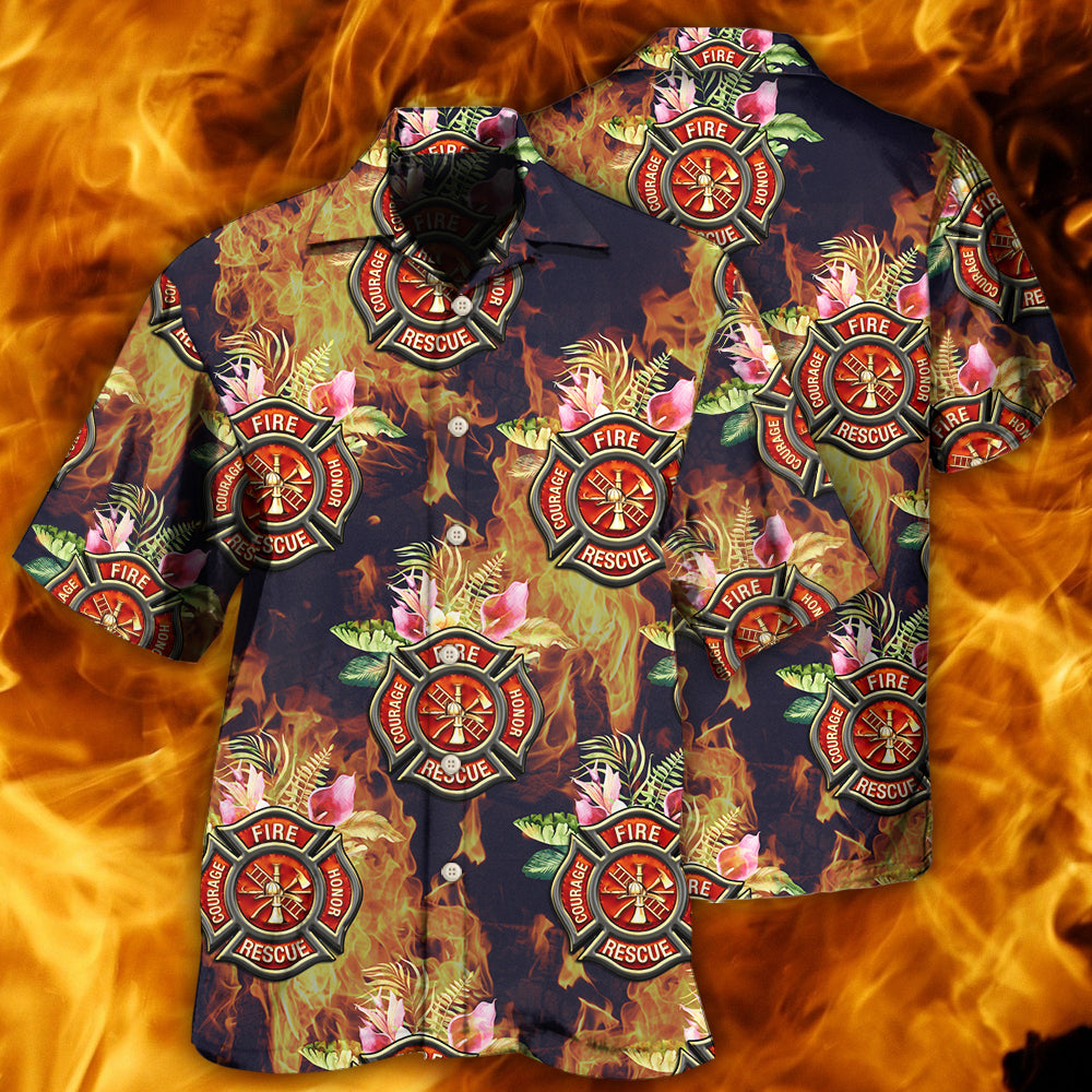 Tropical Floral Firefighter Hawaiian Shirt With Detailed Graphic For Warm Weather Adventures Parties And Daily Comfort