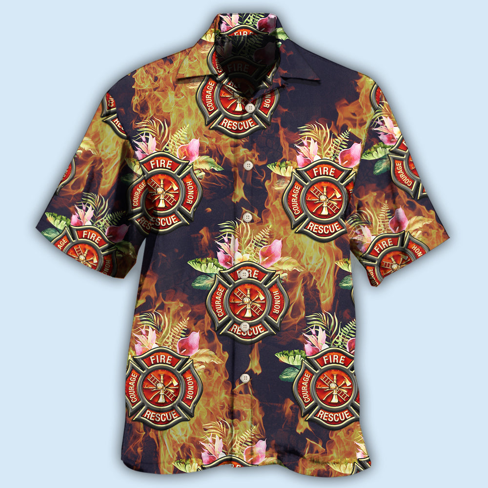 Floral Tropical Firefighter Hawaiian Shirt For Summer Vacation, Beach Travel, And Casual Wear