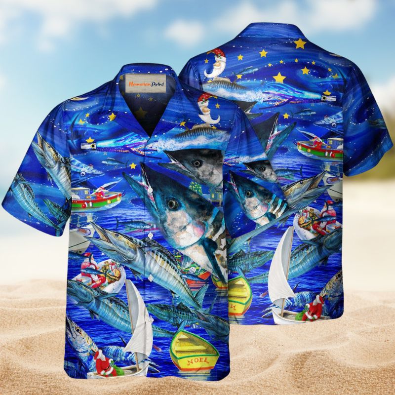 Fish Ocean Blue Christmas Hawaiian Shirt For Holiday Parties, Tropical Vacations, And Festive Gift Giving