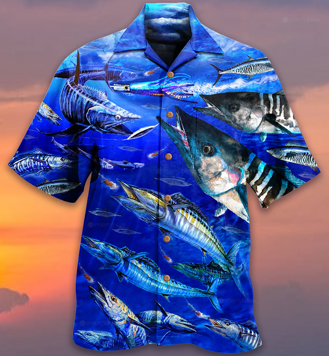 Blue Fishing Ocean Hawaiian Shirt Design View For Resort Travel And Thoughtful Gifting