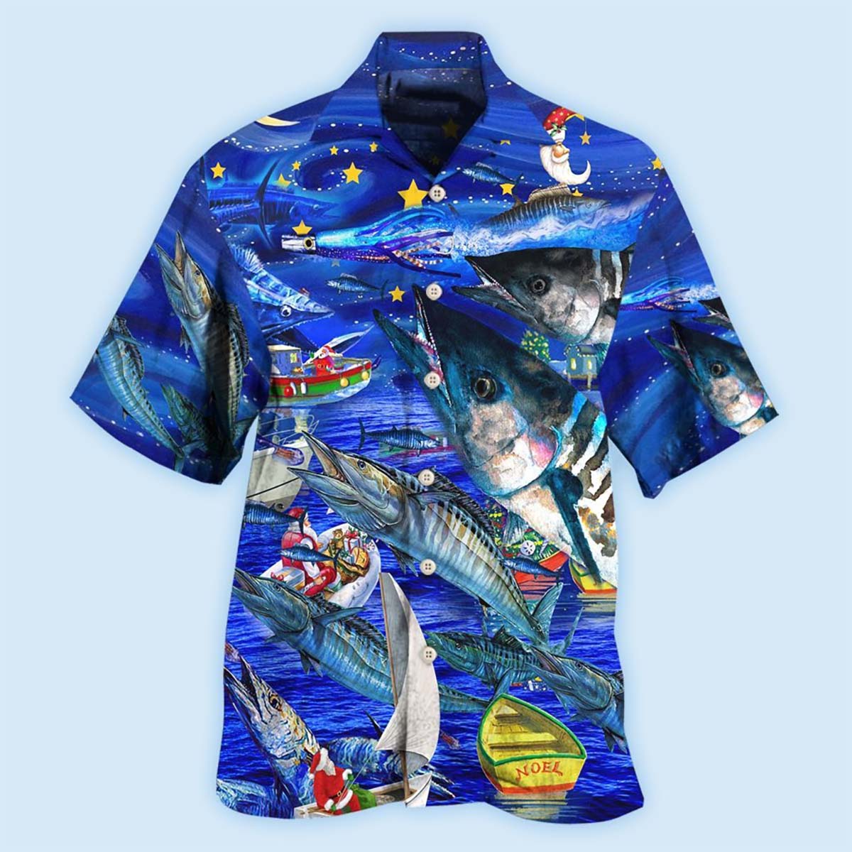Blue Fishing Ocean Christmas Hawaiian Shirt Pattern View For Relaxed Warm Weather Outfits
