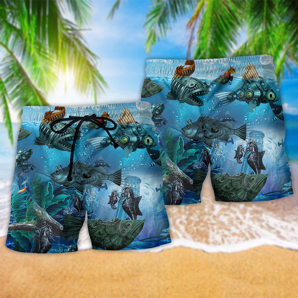 Steampunk Ocean Fish Mechanical Beach Shorts Graphic Detail For Resort Trips And Casual Outings