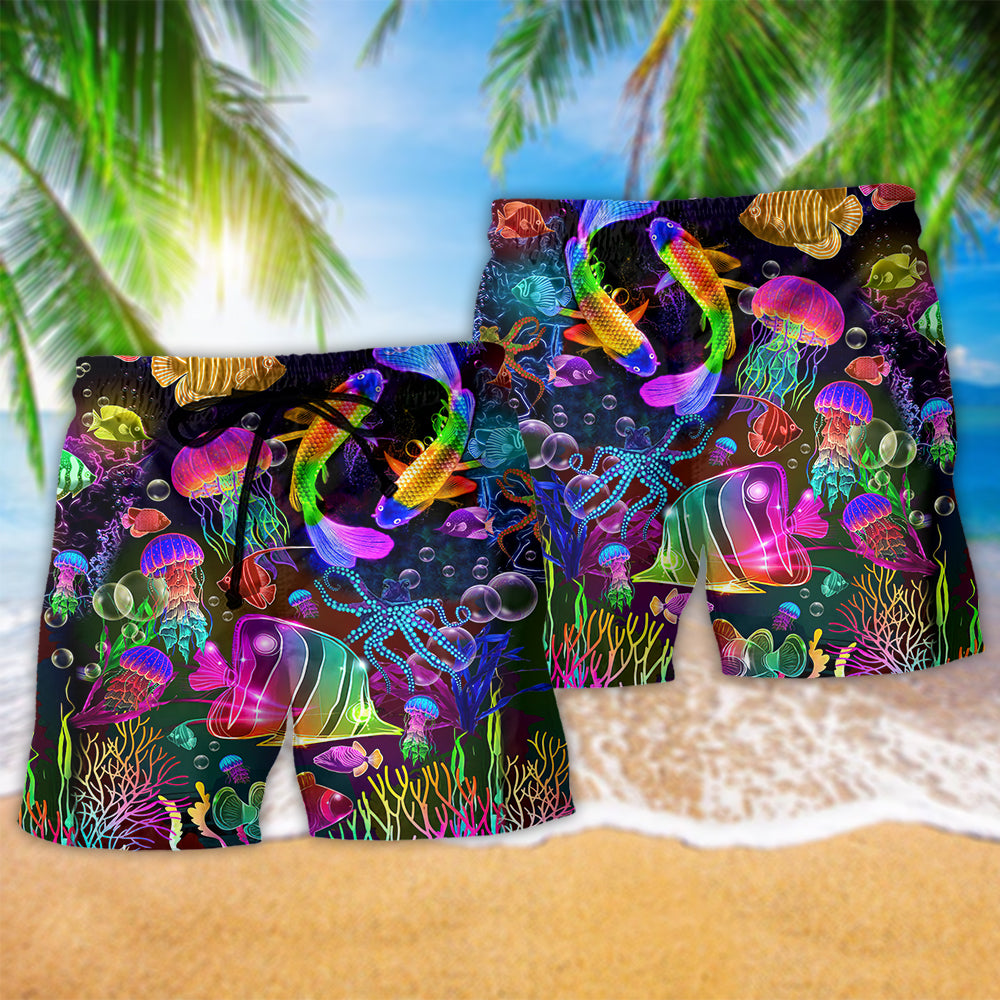 Rainbow Fish Neon Beach Shorts Pattern Detail For Casual Outings And Comfortable Resort Style