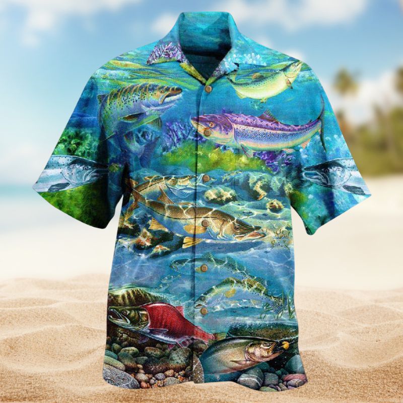 Fish Salmon Therapy Hawaiian Shirt For Coastal Travel, Casual Events, And Comfortable Summer Wear