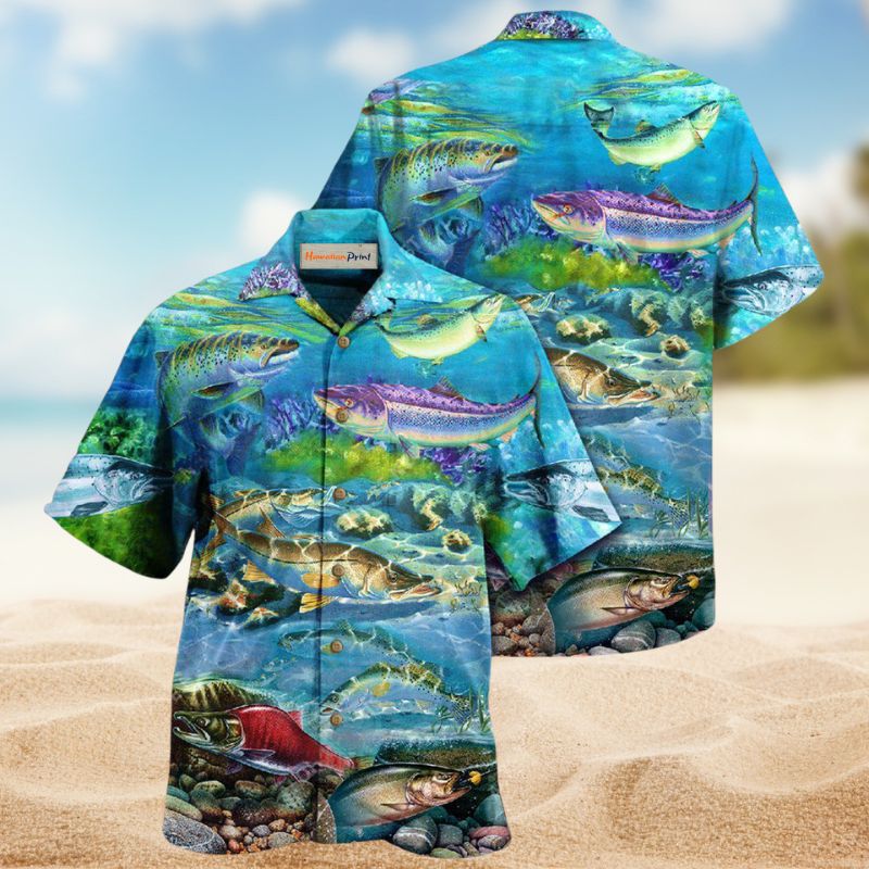 Fish Salmon Therapy Hawaiian Shirt For Coastal Travel, Casual Events, And Comfortable Summer Wear
