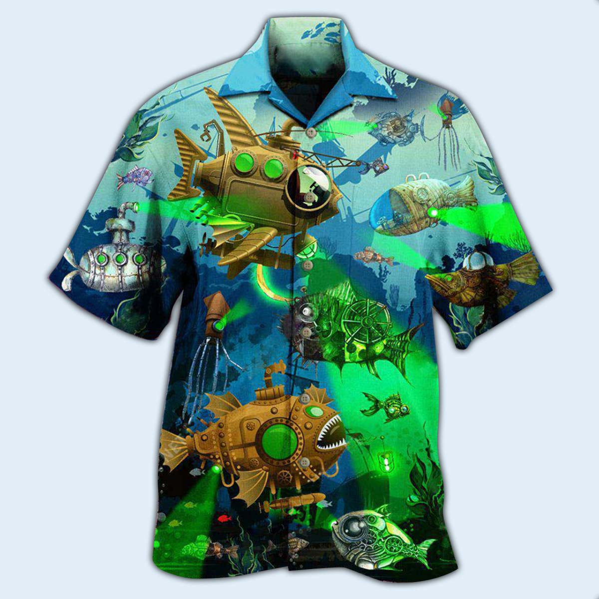 Steampunk Fish Ocean Hawaiian Shirt Design Detail For Beach Days And Holiday Travel