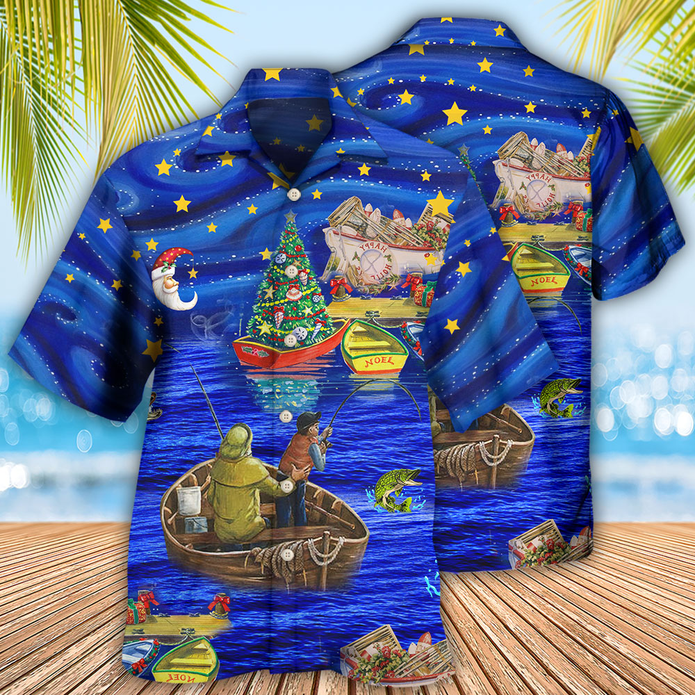 Fishing Beautiful Christmas Night Hawaiian Shirt Design Detail For Sunny Adventures And Casual Wear