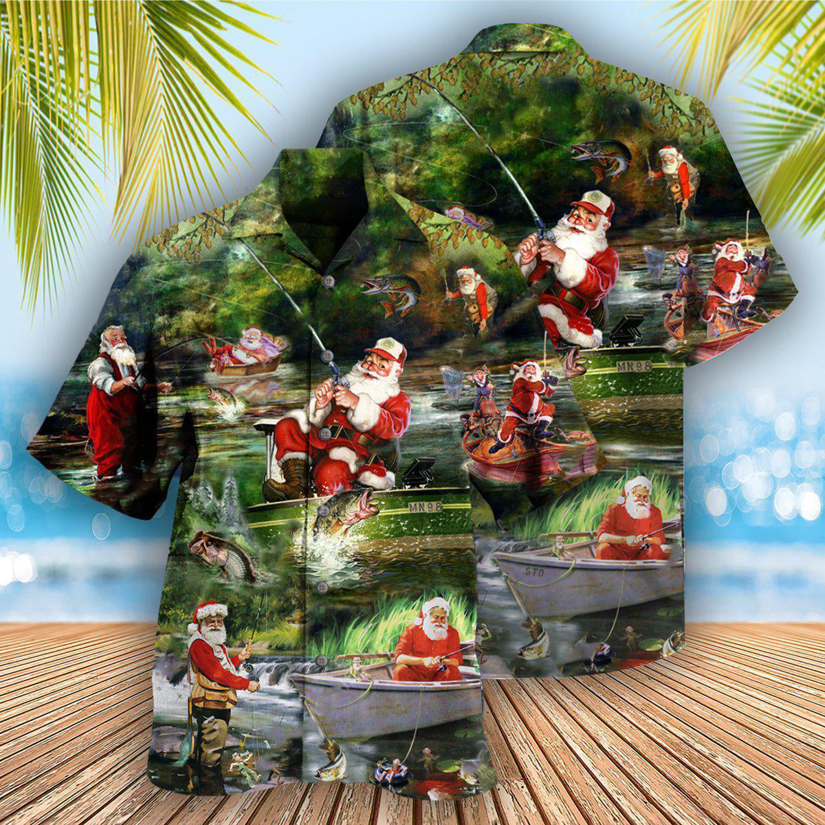 Happy Fishing Christmas Fishmasand New Reel Hawaiian Shirt Pattern Detail For Summer Holidays And Outdoor Fun