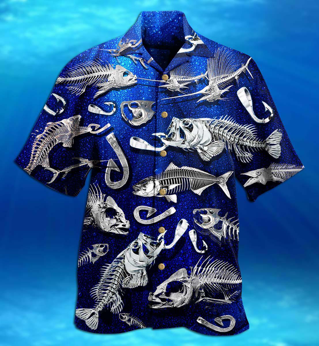 Blue Fishing Fishbone Hawaiian Shirt Design View For Resort Travel And Thoughtful Gifting