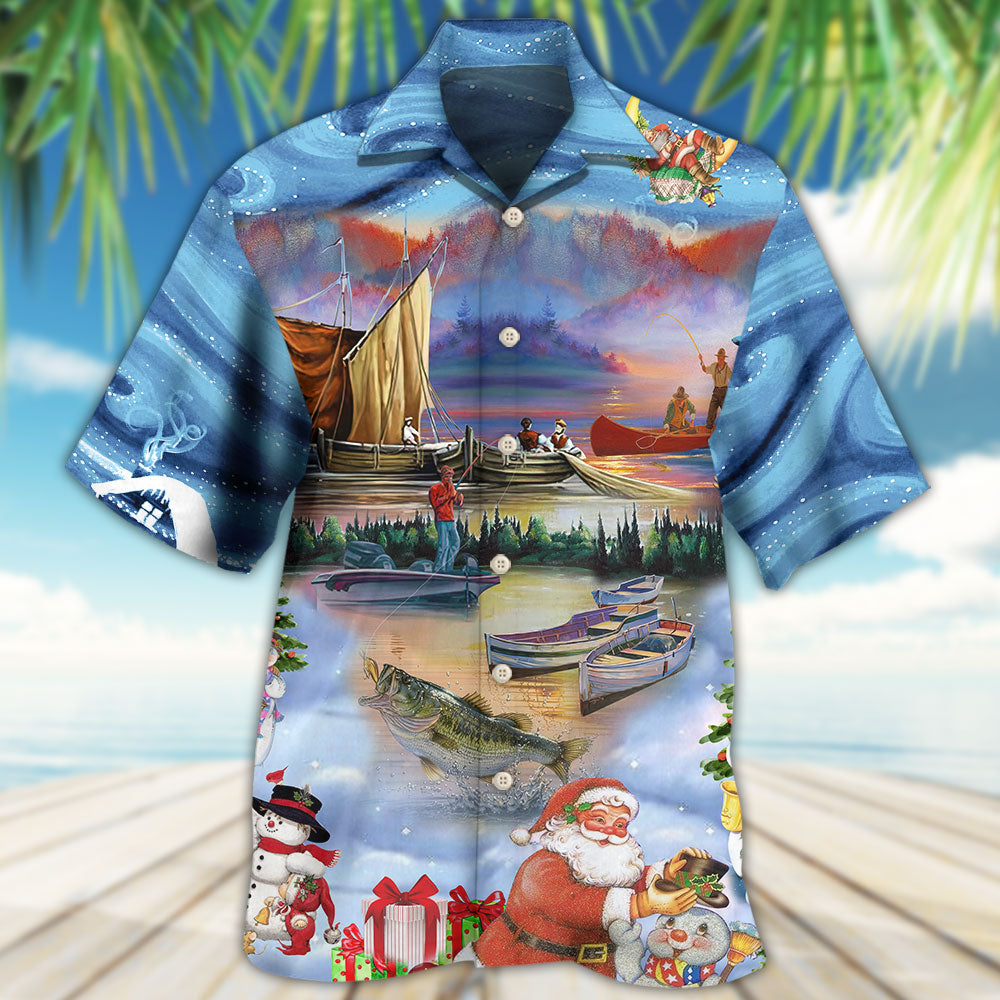 Festive Happy Fishing Christmas Hawaiian Shirt Artwork Detail For Resort Trips And Outdoor Activities
