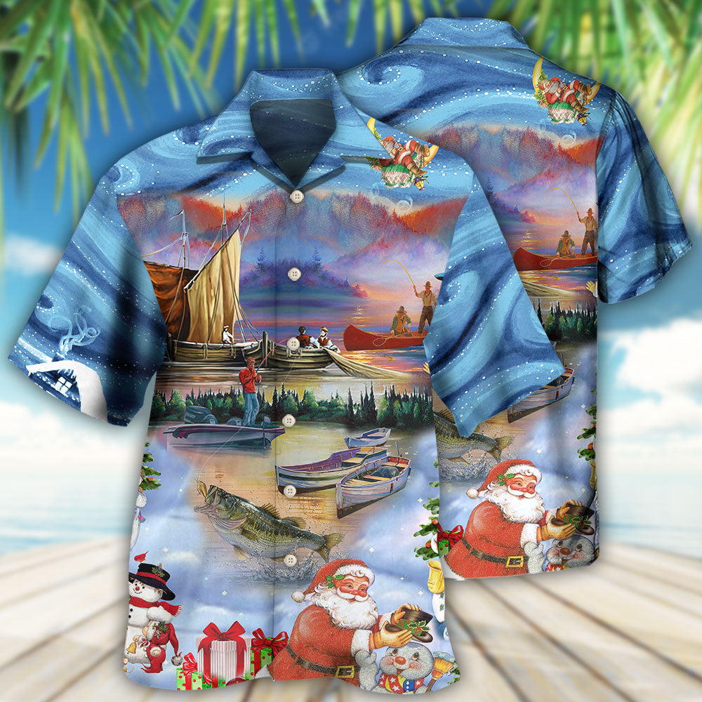 Festive Happy Fishing Christmas Hawaiian Shirt Design View For Casual Summer Styling