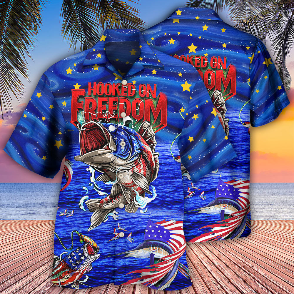 Blue Fishing Hooked Freedom Night Hawaiian Shirt Artwork View For Coastal Escapes And Resort Style