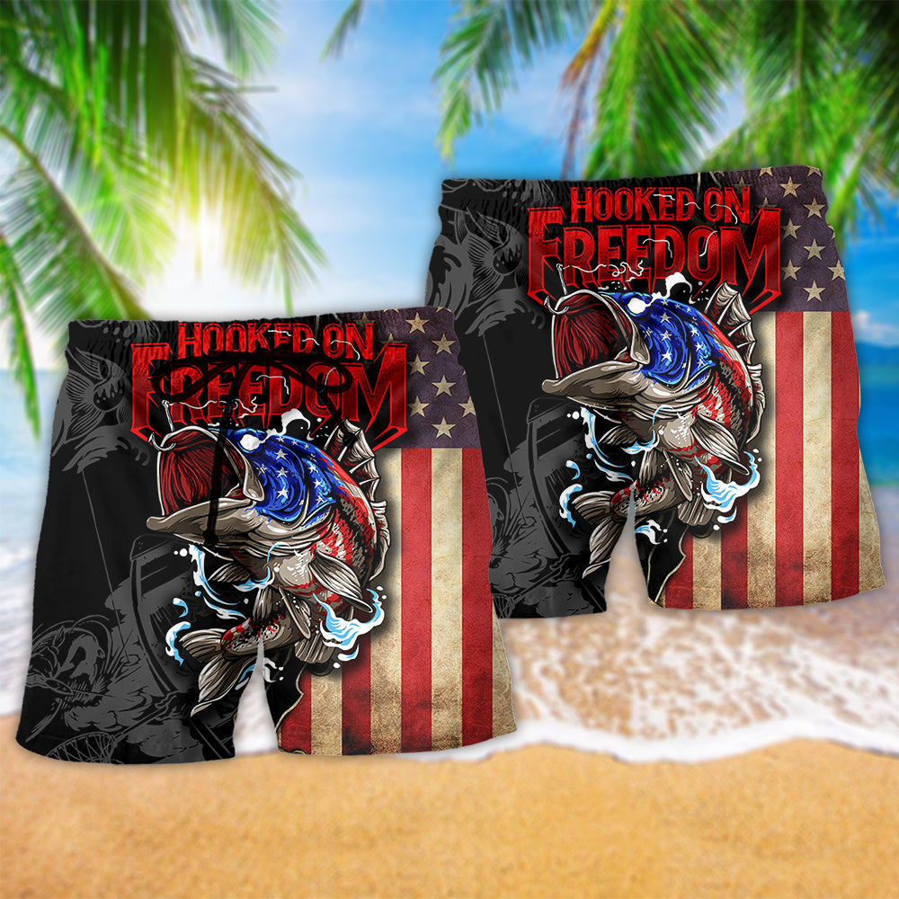 Fishing Hooked On Freedom Cool Hawaiian Print Beach Shorts For Coastal Travel And Celebrations
