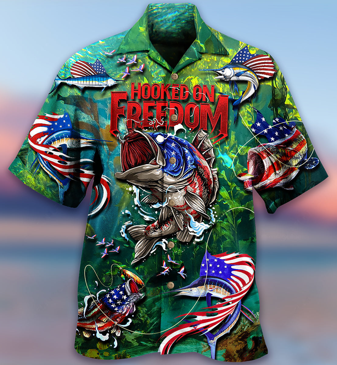 Fishing Hooked Freedom American Hawaiian Shirt Pattern Detail For Vacation Travel And Daily Wear
