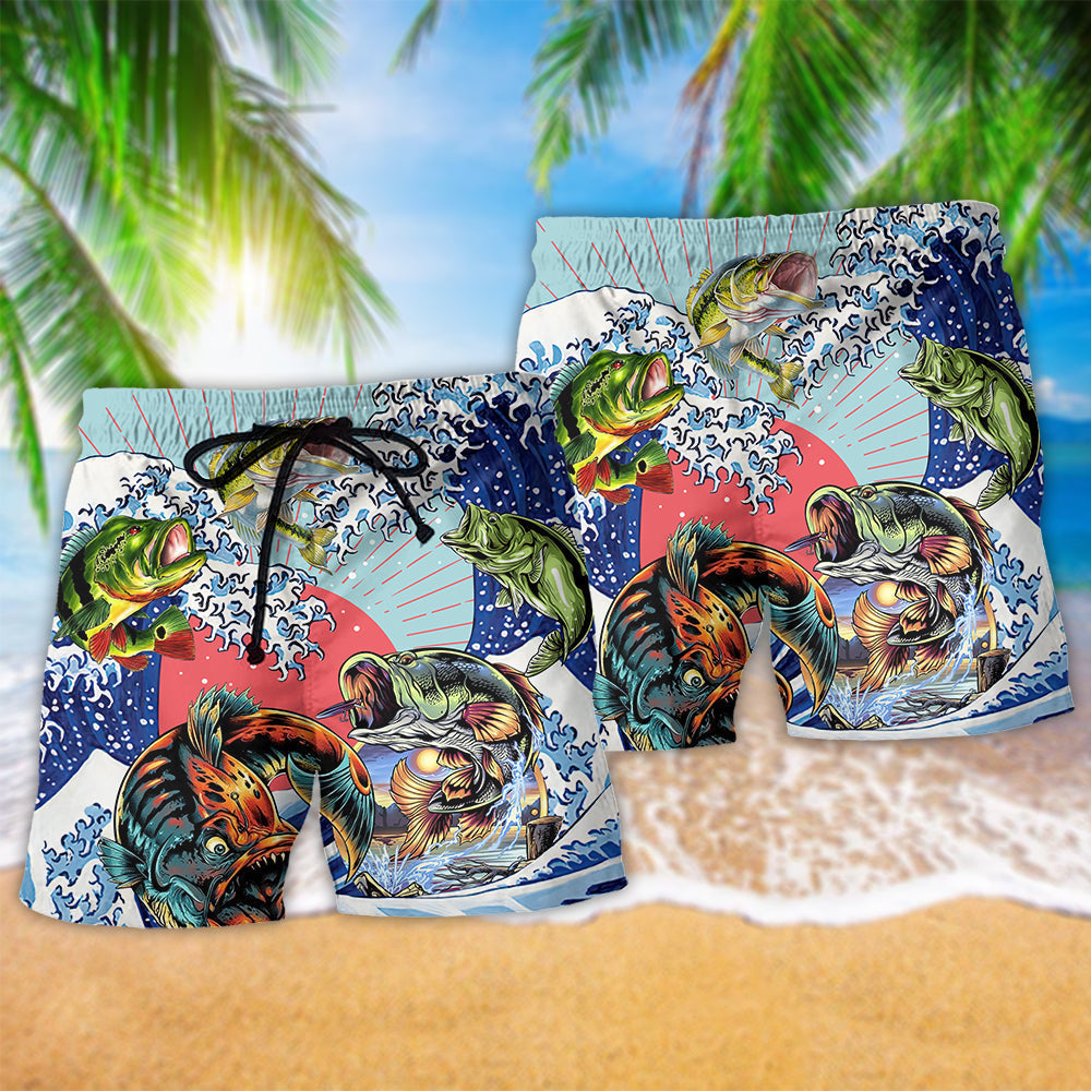 Fishing Ocean Wave Beach Shorts Pattern Detail For Leisure Travel And Easy Warm Weather Wear