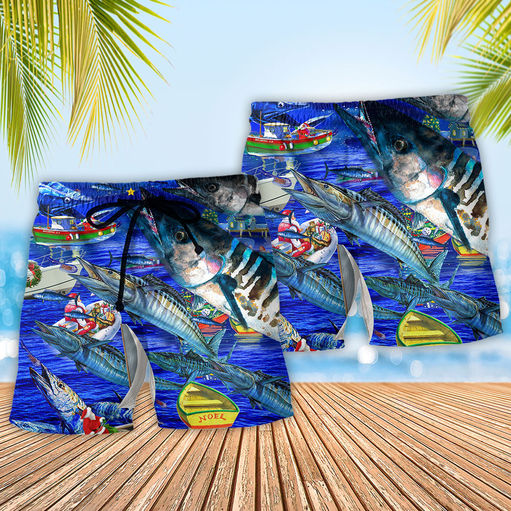 Fishing Ocean Blue Christmas Night Beach Shorts Design View For Comfortable Resort And Beach Styling