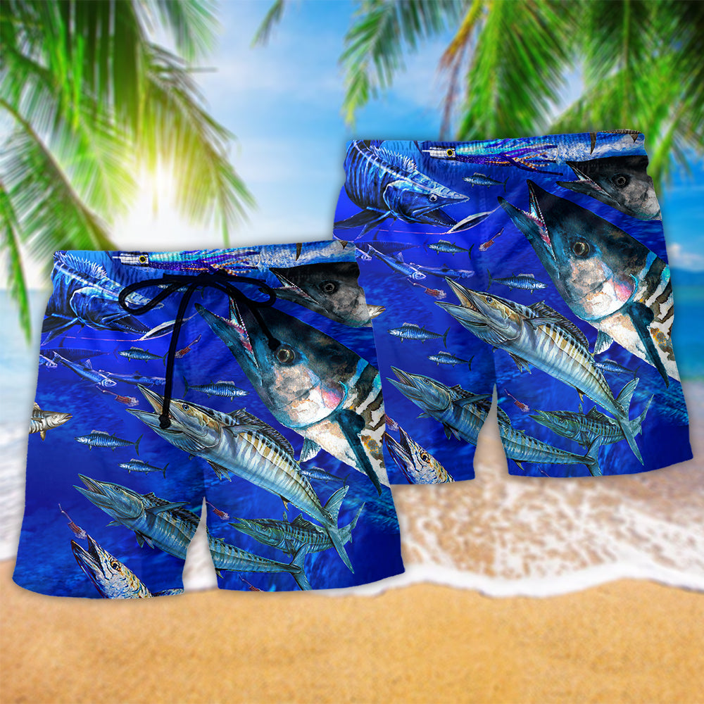 Fishing Love Ocean Blue Cool Hawaiian Print Beach Shorts For Beach Days And Coastal Travel