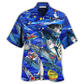 Blue Fishing Ocean Christmas Hawaiian Shirt For Festive Events, Coastal Adventures, And Casual Summer Celebration Wear