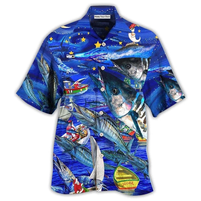 Blue Fishing Ocean Christmas Hawaiian Shirt For Festive Events, Coastal Adventures, And Casual Summer Celebration Wear