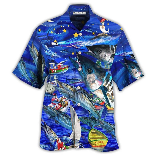 Blue Fishing Ocean Christmas Hawaiian Shirt For Festive Events, Coastal Adventures, And Casual Summer Celebration Wear