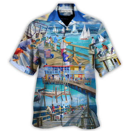 Fishing Pier Moment Hawaiian Shirt Artwork Detail For Resort Trips And Outdoor Activities