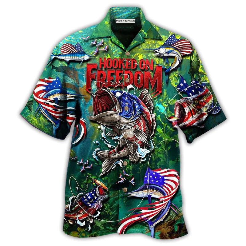 Fishing Hooked Freedom American Hawaiian Shirt Design View For Casual Summer Styling