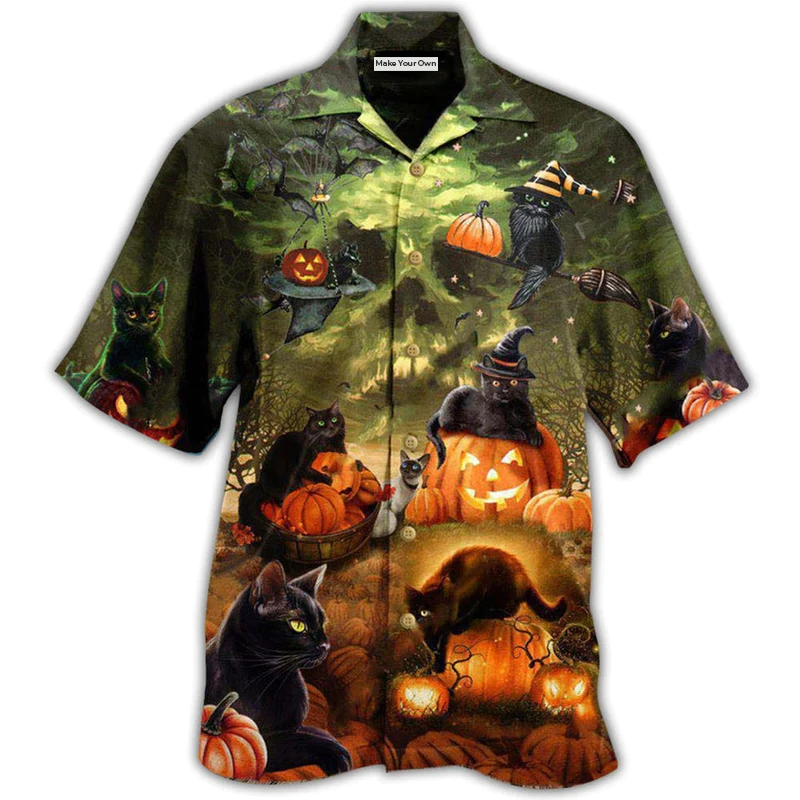 Black Cat Halloween May Luck Hawaiian Shirt Pattern View For Relaxed Warm Weather Outfits
