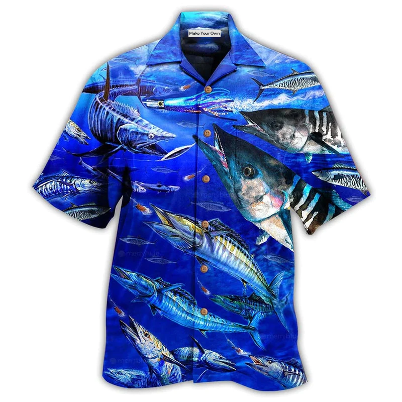 Blue Fishing Ocean Hawaiian Shirt Artwork Detail For Tropical Trips And Casual Outings