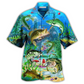 Blue Fishing Real Men Ocean Hawaiian Shirt Artwork Detail For Tropical Trips And Casual Outings