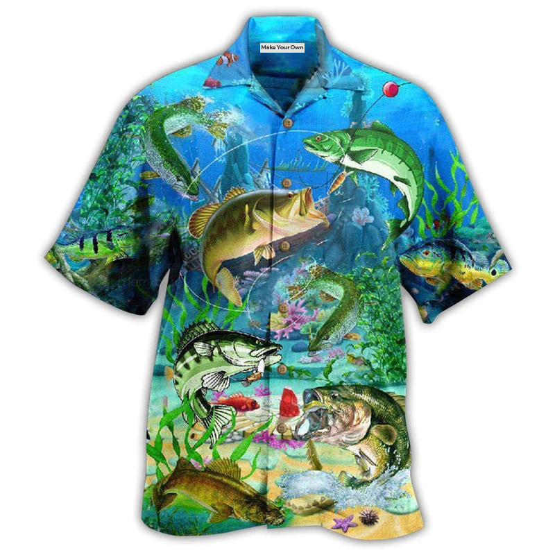 Blue Fishing Real Men Ocean Hawaiian Shirt Artwork Detail For Tropical Trips And Casual Outings
