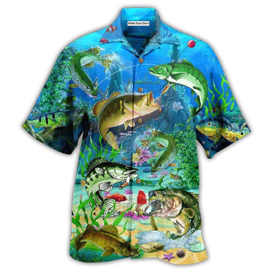 Blue Fishing Real Men Ocean Hawaiian Shirt Artwork Detail For Tropical Trips And Casual Outings