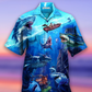 Blue Ship Shark Fishing Small Ocean Hawaiian Shirt Design Detail For Beach Days And Holiday Travel