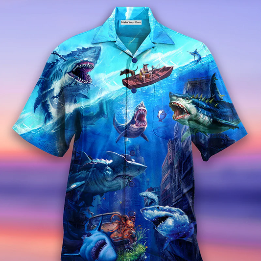 Blue Ship Shark Fishing Small Ocean Hawaiian Shirt Design Detail For Beach Days And Holiday Travel