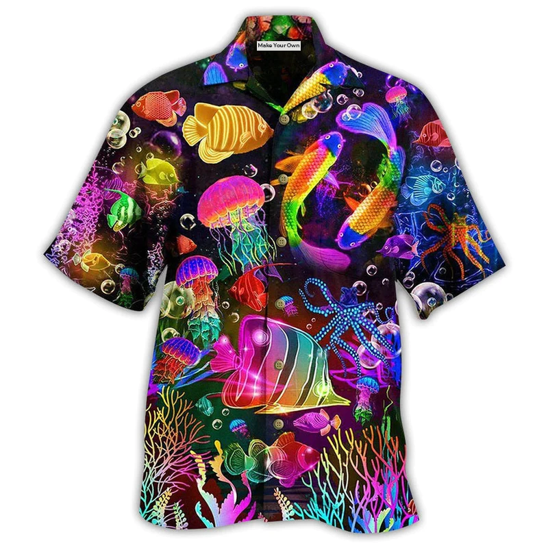 Rainbow Fish Hawaiian Shirt Pattern Detail For Summer Holidays And Outdoor Fun